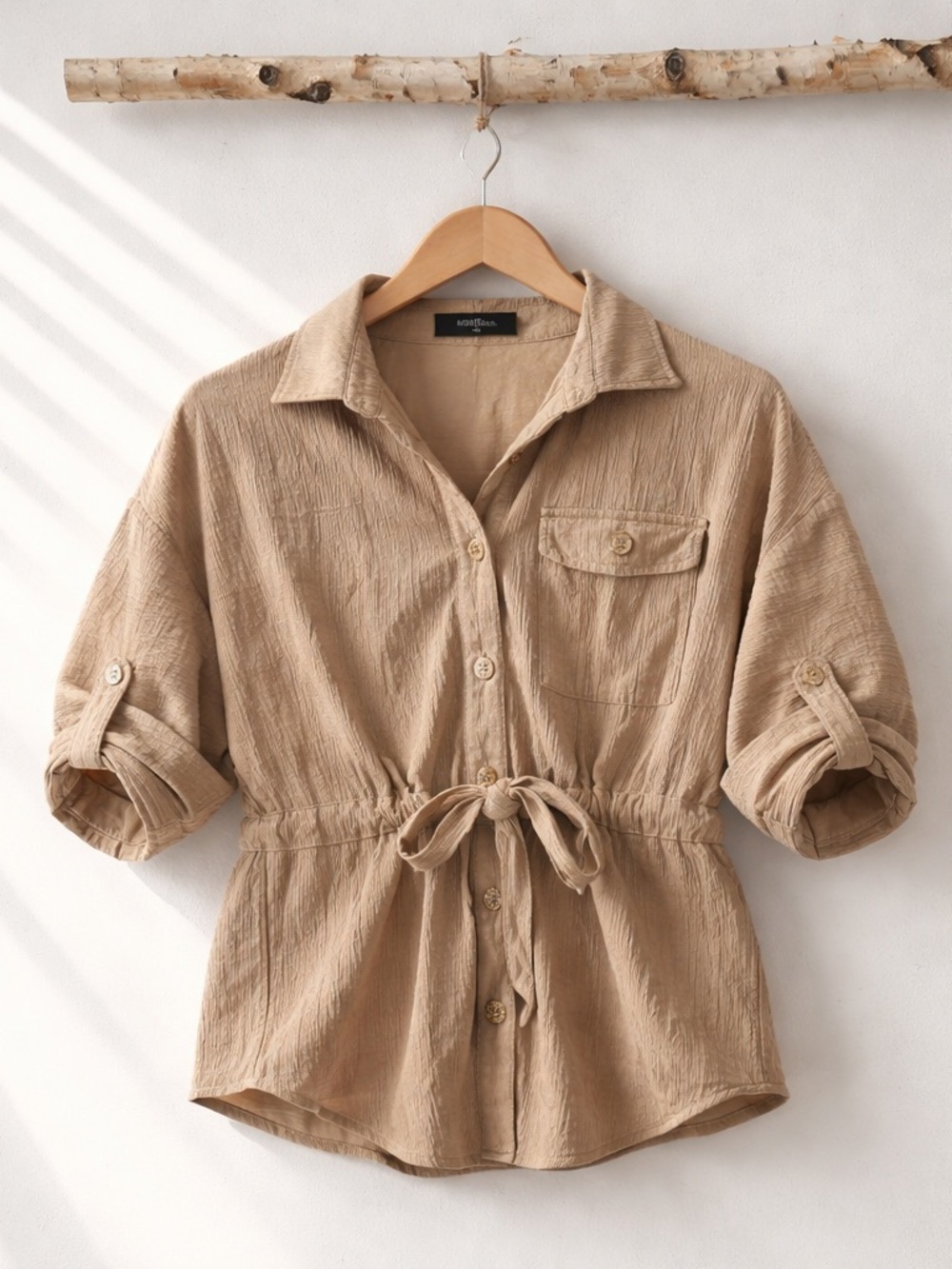 chic Beige Drawstring Button-Front Shirt Jacket